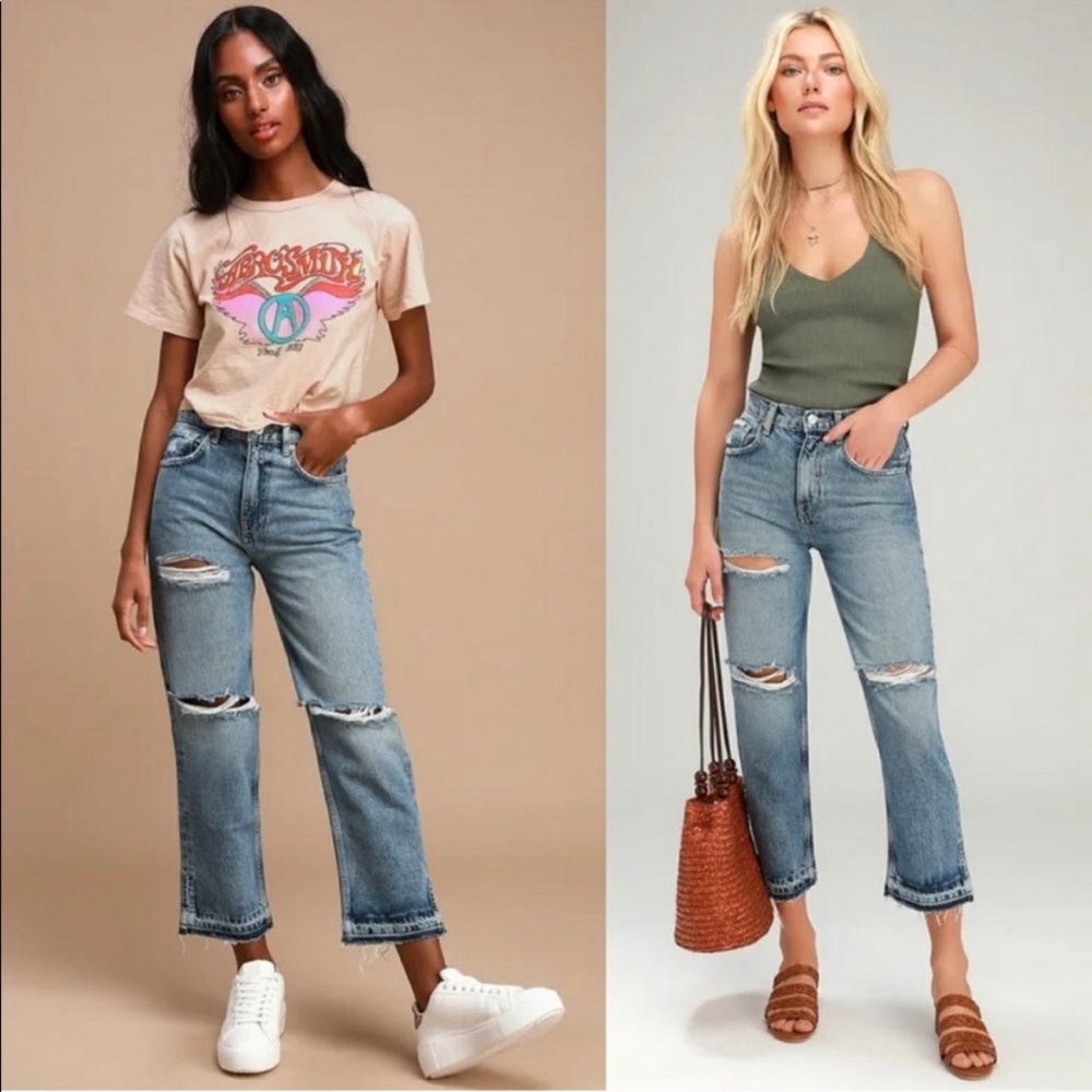 Free People Women’s 27 Denim Jeans Lita Straight Leg Fray Distressed Ripped
